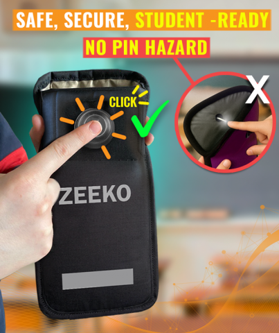 Zeeko phone pouch being secured by the Zeeko Safe Lock mechanism — a lock icon or locking action visible